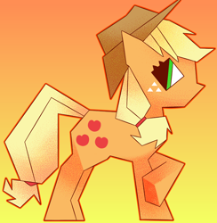 Size: 1090x1119 | Tagged: safe, artist:relighted, derpibooru import, applejack, earth pony, pony, angular, apple, female, food, gradient background, hat, mare, orange, raised hoof, raised leg, solo