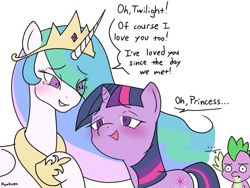 Size: 1895x1428 | Tagged: safe, artist:hyakuen, derpibooru import, princess celestia, spike, twilight sparkle, unicorn twilight, alicorn, dragon, pony, unicorn, ..., blushing, confession, crying, ethereal mane, eye clipping through hair, eyebrows, eyebrows visible through hair, female, frown, funny, grin, hoof on chest, implied foalcon, lesbian, looking at each other, looking at someone, male, mare, open mouth, open smile, shipping, shocked, shocked expression, signature, simple background, smiling, tears of joy, trio, twilestia, white background