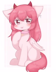 Size: 1582x2048 | Tagged: safe, artist:ginmaruxx, artist:kuzuyukuro, derpibooru import, oc, oc only, pegasus, pony, blushing, commission, cute, eye clipping through hair, female, horns, looking at you, mare, ocbetes, raised hoof, raised leg, simple background, sitting, solo, star of david, tongue, tongue out, white background, wings