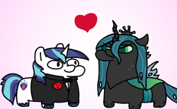 Size: 1300x800 | Tagged: safe, artist:fluttershank, derpibooru import, queen chrysalis, shining armor, changeling, changeling queen, unicorn, canterlot wedding 10th anniversary, a canterlot wedding, bowtie, changeling wings, clothes, crown, fangs, female, gray background, heart, infidelity, insect wings, jewelry, male, marriage, regalia, shining chrysalis, shipping, simple, simple background, squatpony, straight, suit, wedding, wings