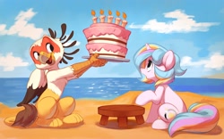 Size: 4000x2500 | Tagged: safe, artist:vistamage, derpibooru import, oc, oc only, oc:oofy colorful, oc:vistamage, griffon, pony, unicorn, cake, candle, duo, female, food, griffon oc, high res, horn, male, mare, oc x oc, oofymage, open mouth, open smile, shipping, sitting, smiling, straight, unicorn oc