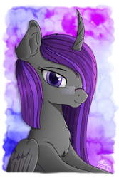Size: 960x1440 | Tagged: safe, artist:etheria galaxia, derpibooru import, oc, oc only, oc:etheria galaxia, alicorn, pony, abstract background, alicorn oc, bust, chest fluff, colored pupils, curved horn, ear fluff, ears, eyebrows, eyelashes, feathered wings, female, folded wings, glasses, horn, long mane, looking at you, mare, portrait, signature, smiling, smiling at you, solo, wings