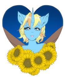 Size: 2303x2700 | Tagged: safe, artist:pony straponi, derpibooru import, oc, oc only, oc:skydreams, anthro, unicorn, artificial wings, augmented, bust, female, flower, heart, looking at you, mare, mechanical wing, portrait, simple background, solo, sunflower, transparent background, wings