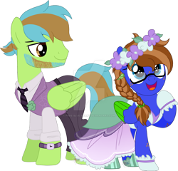 Size: 1280x1229 | Tagged: safe, artist:pure-blue-heart, derpibooru import, oc, oc only, oc:bluebook, oc:harmonic melody, pegasus, beard, blue eyes, brown eyes, clothes, colored wings, couple, dress, facial hair, female, floral head wreath, flower, freckles, gala dress, glasses, jewelry, male, mare, simple background, size difference, stallion, suit, transparent background, two toned mane, two toned wings, watermark, wings