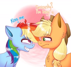 Size: 1958x1834 | Tagged: safe, artist:galaxy swirl, derpibooru import, applejack, rainbow dash, earth pony, pegasus, pony, appledash, blushing, duo, duo female, eyebrows, eyebrows visible through hair, female, frown, grin, lesbian, looking at each other, looking at someone, mare, shipping, smiling