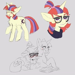 Size: 3000x3000 | Tagged: safe, artist:exxi00, derpibooru import, moondancer, twilight sparkle, pony, unicorn, blushing, female, glasses, gray background, lying down, mare, prone, reading, simple background, sketch