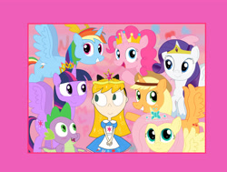 Size: 4023x3034 | Tagged: safe, artist:04startycornonline88, derpibooru import, applejack, fluttershy, pinkie pie, rainbow dash, rarity, spike, twilight sparkle, twilight sparkle (alicorn), alicorn, dragon, earth pony, human, pegasus, pony, unicorn, alicornified, crown, dragon wings, fiona munson, friends are always there for you, group photo, group picture, group shot, jewelry, kid vs. kat, mane seven, mane six, princess, race swap, regalia, tiara, winged spike, wings