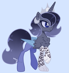 Size: 905x953 | Tagged: safe, artist:yourrdazzle, derpibooru import, oc, oc:rhea, hybrid, blue background, female, interspecies offspring, offspring, parent:discord, parent:princess luna, parents:lunacord, simple background, solo