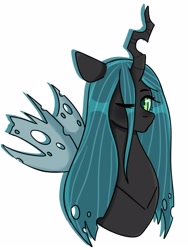 Size: 1620x2160 | Tagged: safe, artist:yumeicat, derpibooru import, queen chrysalis, changeling, changeling queen, canterlot wedding 10th anniversary, bust, eye clipping through hair, female, looking at you, one eye closed, simple background, solo, white background, wink