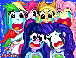 Size: 3900x3000 | Tagged: safe, artist:kamikiku, derpibooru import, applejack, fluttershy, pinkie pie, rainbow dash, rarity, sci-twi, twilight sparkle, equestria girls, legend of everfree, crying, crying on the outside, humane five, humane six, makeup, open mouth, running makeup, screaming, watermark