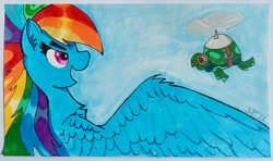 Size: 2777x1643 | Tagged: safe, artist:single purpose, derpibooru import, rainbow dash, tank, pegasus, pony, flying, marker drawing, spread wings, traditional art, wings