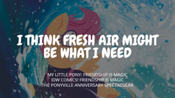 Size: 1280x720 | Tagged: safe, derpibooru import, edit, editor:quoterific, idw, scootaloo, pegasus, pony, clothes, female, filly, foal, grin, smiling, spread wings, surfboard, surfing, swimsuit, text, the ponyville anniversary spectacular, wings