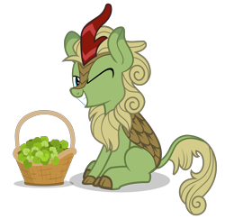 Size: 3104x3016 | Tagged: artist needed, safe, derpibooru import, forest fall, kirin, basket, cute, kirinbetes, looking at you, one eye closed, simple background, sitting, smiling, solo, transparent background, vector, wink, winking at you