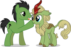 Size: 2148x1427 | Tagged: safe, derpibooru import, forest fall, oc, oc:anon stallion, kirin, boop, duo, duo male, male, males only, scrunchy face, simple background, stallion, transparent background