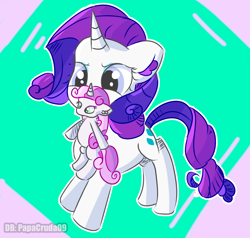 Size: 2000x1900 | Tagged: safe, artist:papacruda09, derpibooru import, rarity, sweetie belle, pony, unicorn, abstract background, behaving like a cat, cute, happy, horn, horns, looking at you, mouth hold