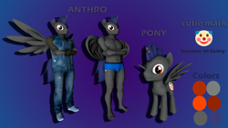 Size: 1920x1080 | Tagged: safe, derpibooru import, oc, oc only, oc:rv, alicorn, anthro, plantigrade anthro, pony, 3d, alicorn oc, anthro oc, blue mane, boxer briefs, clothes, emoji, gradient background, gray coat, horn, male, red eyes, reference, reference sheet, solo, source filmmaker, standing, underwear, wings