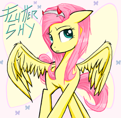 Size: 1212x1184 | Tagged: safe, artist:sallycars, derpibooru import, fluttershy, butterfly, pegasus, pony, aside glance, crossed hooves, devil horns, ears, female, floppy ears, fluttershy day, head turned, horns, looking at you, mare, name, solo, spread wings, standing, wings, zerotwo