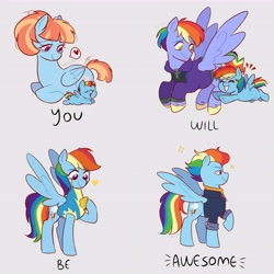 Size: 8640x8640 | Tagged: safe, artist:aylufujo, derpibooru import, bow hothoof, rainbow dash, windy whistles, pegasus, pony, the last problem, wonderbolts academy, baby, baby dash, baby pony, clothes, cute, dashabetes, eyelashes, father and child, father and daughter, female, filly, filly rainbow dash, flying, foal, gray background, heart, hoof hold, looking back, lying down, male, mare, medal, mother and child, mother and daughter, newborn, older, older rainbow dash, parent and child, pictogram, prone, raised hoof, raised leg, simple background, smiling, solo, underhoof, uniform, unshorn fetlocks, upscaled, wings, wonderbolt trainee uniform, you, younger