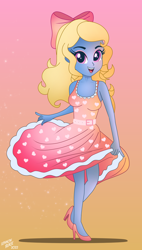 Size: 1700x2983 | Tagged: safe, artist:lennonblack, derpibooru import, oc, oc:azure/sapphire, equestria girls, breastforms, clothes, crossdressing, dress, femboy, makeup, male, polka dots, spinning, twirl, wig