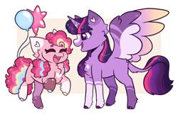 Size: 3304x2187 | Tagged: safe, artist:moccabliss, derpibooru import, pinkie pie, twilight sparkle, twilight sparkle (alicorn), alicorn, earth pony, pony, alternate design, balloon, female, happy, leonine tail, lesbian, mare, open mouth, open smile, shipping, smiling, spread wings, tail, twinkie, wings