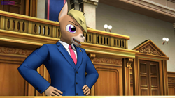 Size: 3840x2160 | Tagged: safe, artist:antonsfms, derpibooru import, oc, oc only, oc:nickyequeen, anthro, donkey, 3d, ace attorney, alternate universe, anthro oc, badge, banner, clothes, commission, commissioner:nickyequeen, court, courtroom, crossover, desk, donkey oc, formal attire, formal wear, high res, image set, male, necktie, open mouth, phoenix wright, solo, source filmmaker, suit, yelling