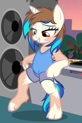 Size: 765x1143 | Tagged: safe, artist:anonymous, derpibooru import, dj pon-3, vinyl scratch, unicorn, bipedal, bipedal leaning, human to pony, leaning, red eyes, show accurate, species swap, transformation