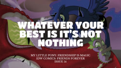 Size: 1280x720 | Tagged: safe, derpibooru import, edit, editor:quoterific, idw, basil, princess luna, spike, alicorn, dragon, pony, friends forever, spoiler:comic, female, male, mare, spread wings, text, trio, wings