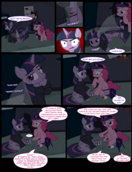 Size: 1042x1358 | Tagged: safe, artist:dendoctor, derpibooru import, mean twilight sparkle, pinkie pie, twilight sparkle, twilight sparkle (alicorn), alicorn, earth pony, pony, comic:clone.., alternate universe, bandage, clone, clothes, comic, female, first aid kit, injured, pinkie clone, taffy