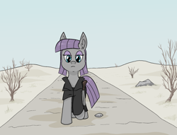 Size: 1940x1480 | Tagged: safe, artist:happy harvey, derpibooru import, boulder (pet), maud pie, earth pony, pony, bush, clothes, crossover, desert, dessert, dirt road, drawn on phone, drawthread, female, grass, gun, jacket, leather jacket, mad max, mare, parody, plant, rock, sand, shotgun, shrub, sky, the road warrior, walking, weapon