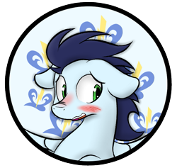 Size: 751x712 | Tagged: safe, artist:ricy, derpibooru import, soarin', pegasus, pony, blushing, blushing profusely, circle background, cutie mark, ears, ears back, floppy ears, flustered, heart eyes, looking away, male, open mouth, scrunchy face, solo, spread wings, stallion, wingding eyes, wings