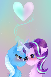 Size: 1000x1500 | Tagged: safe, artist:kapai882, artist:kathe, derpibooru import, starlight glimmer, trixie, pony, unicorn, blushing, bust, chest fluff, duo, duo female, ear fluff, ears, female, glowing, glowing horn, gradient background, heart, horn, lesbian, light, looking at each other, looking at someone, magic, magic aura, mare, shipping, smiling, smiling at each other, startrix