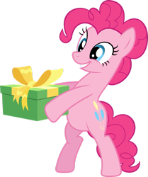 Size: 817x977 | Tagged: safe, derpibooru import, pinkie pie, earth pony, pony, a friend in deed, april fools, bipedal, present, ribbon, simple background, smiling, solo, transparent background