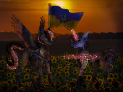 Size: 1280x960 | Tagged: safe, artist:cyberpriduroksirius, derpibooru import, oc, current events, duo, flag, flower, sunflower, ukraine