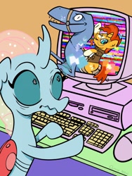 Size: 960x1280 | Tagged: safe, artist:amynewblue, derpibooru import, ocellus, sunburst, changedling, changeling, dinosaur, unicorn, computer, error, glitch, wtf