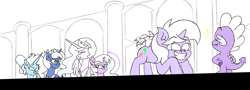 Size: 8460x3060 | Tagged: safe, artist:iceflower99, derpibooru import, princess celestia, princess luna, spike, twilight sparkle, oc, oc:buggy brush, oc:darky spell, fanfic, fanfic art, giggling, monochrome, smiling, tail, tail wag, unsound effect