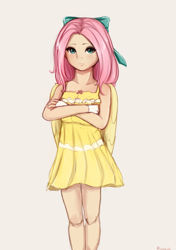 Size: 2436x3456 | Tagged: safe, artist:miokomata, derpibooru import, fluttershy, human, blushing, bow, clothes, crossed arms, dress, fingerless gloves, freckles, freckleshy, gloves, hair bow, high res, humanized, looking at you, simple background, solo, sundress, white background, winged humanization, wings