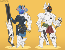 Size: 2401x1833 | Tagged: safe, artist:mopyr, derpibooru import, oc, oc only, oc:camilia, oc:moosin, anthro, original species, armor, femboy, gun, horn, male, muscular femboy, shotgun, skintight clothes, weapon