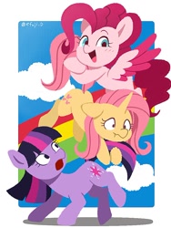 Size: 766x1021 | Tagged: safe, artist:efuji_d, derpibooru import, fluttershy, pinkie pie, twilight sparkle, earth pony, pegasus, pony, unicorn, earth pony twilight, female, fluttershy (g5 concept leak), g5 concept leaks, mare, pegasus pinkie pie, pinkie pie (g5 concept leak), race swap, rainbow, tail, tail pull, trio, twilight sparkle (g5 concept leak), unicorn fluttershy