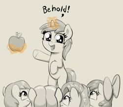 Size: 1890x1638 | Tagged: safe, artist:heretichesh, derpibooru import, apple bloom, babs seed, liberty belle, earth pony, pony, unicorn, apple, bipedal, cute, female, filly, foal, food, levitation, magic, monochrome, open mouth, open smile, partial color, smiling, telekinesis