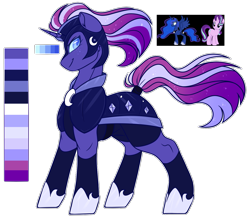 Size: 1367x1200 | Tagged: safe, artist:purplegrim40, derpibooru import, princess luna, starlight glimmer, oc, alicorn, pony, unicorn, armor, female, helmet, hoof shoes, magical lesbian spawn, mare, offspring, parent:princess luna, parent:starlight glimmer, simple background, solo, transparent background