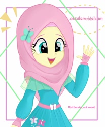 Size: 991x1199 | Tagged: safe, artist:fluttershy_art.nurul, derpibooru import, fluttershy, equestria girls, clothes, emanata, female, greeting, hijab, islam, islamashy, open mouth, open smile, religion, simple background, smiling, solo, speech bubble, waving, white background