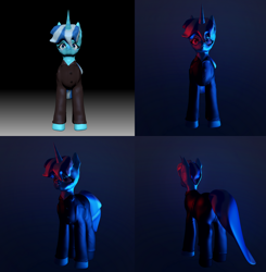 Size: 3916x4000 | Tagged: safe, artist:menalia, derpibooru import, oc, oc only, oc:freezy coldres, pony, unicorn, 3d, 3d model, clothes, dark background, female, front view, horn, mare, pants, rear view, shirt, shoes, simple background