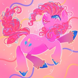 Size: 2224x2224 | Tagged: safe, artist:funkyfurs, derpibooru import, pinkie pie, earth pony, pony, confetti, pink background, simple background, solo