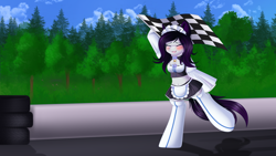 Size: 3840x2160 | Tagged: safe, artist:xcinnamon-twistx, derpibooru import, oc, oc:cinnamon twist, anthro, unguligrade anthro, blushing, breasts, bush, checkered flag, cleavage, clothes, cosplay, costume, eyes closed, maid, nature, nekopara, open mouth, open smile, race, race track, racing, smiling, tires, track, tree