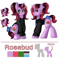 Size: 3000x3000 | Tagged: safe, artist:xcinnamon-twistx, derpibooru import, oc, oc only, oc:rosebud, unicorn, bow, clothes, cute, hoodie, reference sheet, simple background, solo, transparent background