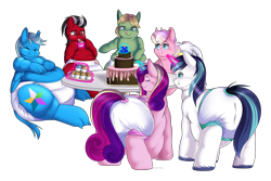 Size: 4500x3000 | Tagged: safe, artist:xcinnamon-twistx, derpibooru import, princess cadance, shining armor, oc, oc:baby sweets, oc:blue blaze, oc:shatter misty cloud, oc:sketch pad, alicorn, dracony, dragon, earth pony, hybrid, pegasus, pony, unicorn, birthday, cake, cupcake, diaper, diaper fetish, eyes closed, fat, fat fetish, fetish, food, levitation, magic, obese, party, princess decadence, shining blubber, simple background, smiling, telekinesis, transparent background