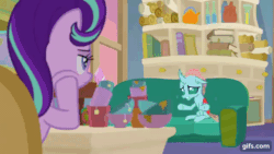 Size: 640x360 | Tagged: safe, derpibooru import, screencap, ocellus, starlight glimmer, bugbear, changedling, changeling, dragon, earth pony, pony, unicorn, season 9, student counsel, animated, bugbear ocellus, disguise, disguised changeling, dragon ocellus, duo, female, gif, gifs.com, head in hooves, mare, pony ocellus, school of friendship, shapeshifting, sofa, starlight's office