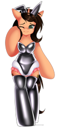 Size: 1452x3100 | Tagged: safe, artist:xcinnamon-twistx, derpibooru import, oc, oc only, oc:small brooke, pony, unicorn, bipedal, bunny ears, bunny suit, clothes, cute, diaper, diaper fetish, diaper under clothes, fetish, latex, latex socks, latex suit, one eye closed, simple background, smiling, socks, solo, transparent background, uniform, wink