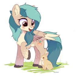 Size: 3000x3000 | Tagged: safe, artist:kaylemi, derpibooru import, oc, oc only, oc:peacher, pegasus, pony, rabbit, animal, happy, looking back, open mouth, pegasus oc, raised hoof, raised leg, spread wings, wings