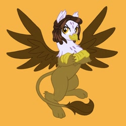 Size: 2000x2000 | Tagged: safe, artist:mediocremare, derpibooru import, oc, griffon, female, orange background, simple background, solo